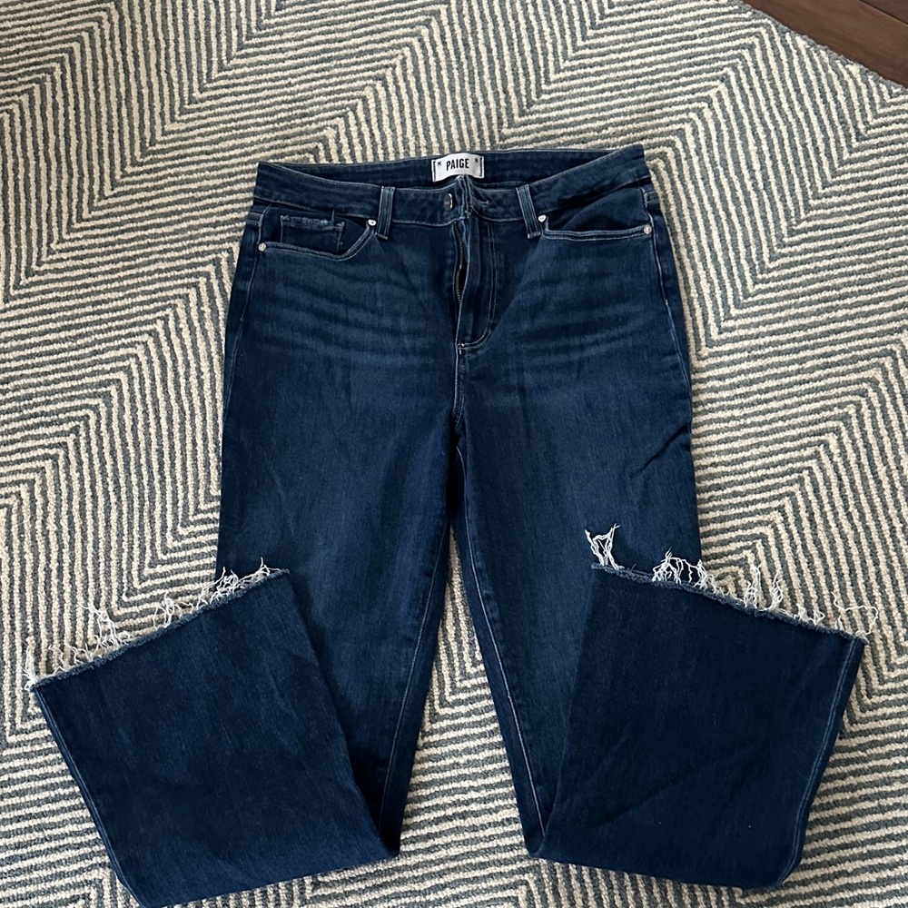 PAIGE Dark Blue Raw Hem Wide Leg Jeans